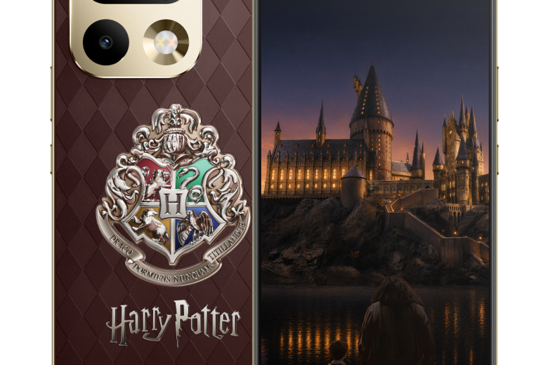 Front and back views of the Realme 16 Pro 5G Harry Potter Edition, showing its dark red patterned back, Hogwarts crest and castle lock screen