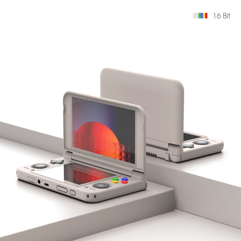 Official Retroid render showing the dual-screen clamshell Pocket Duo Lite family design in the 16 Bit color