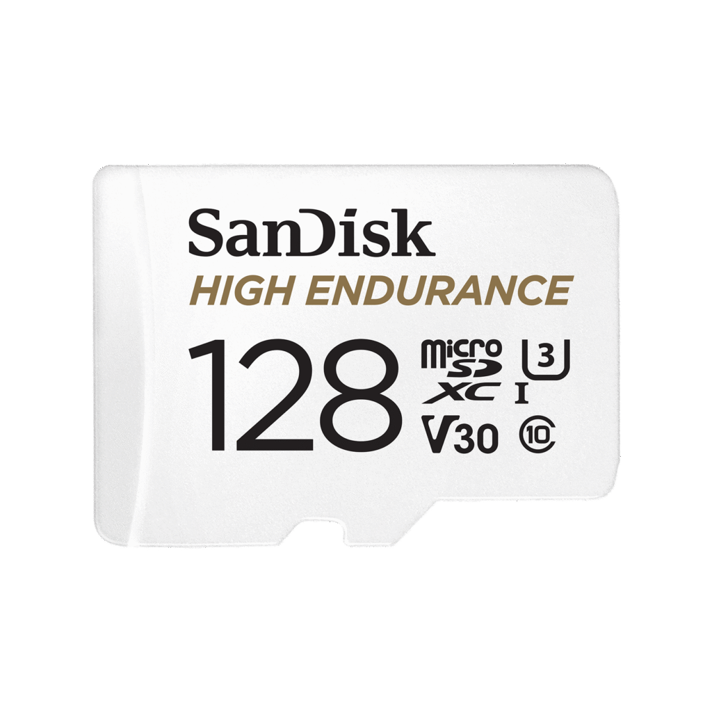 SanDisk High Endurance 128GB microSDXC card designed for continuous dash-cam recording