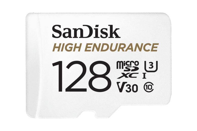 SanDisk High Endurance 128GB microSDXC card designed for continuous dash-cam recording