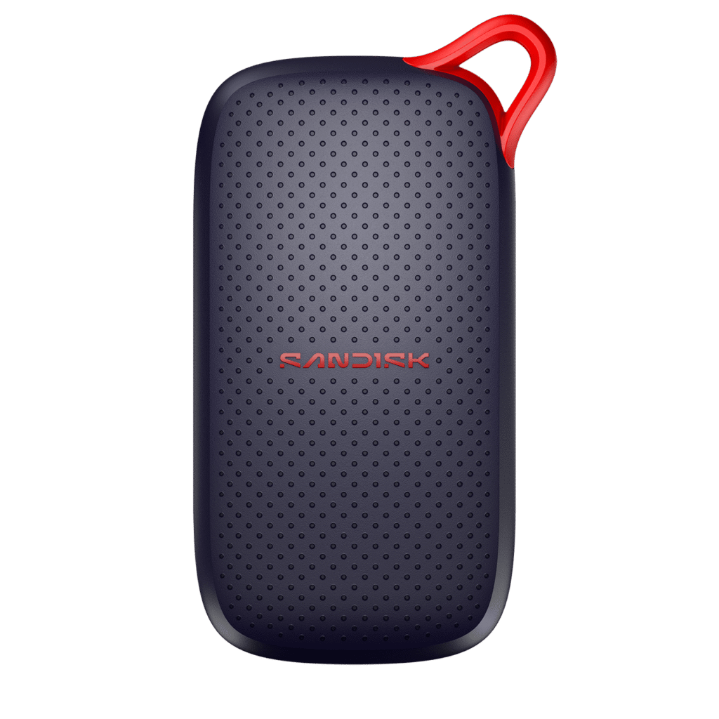 Official SanDisk product render showing the dark portable SSD with dotted front surface and red carrying loop