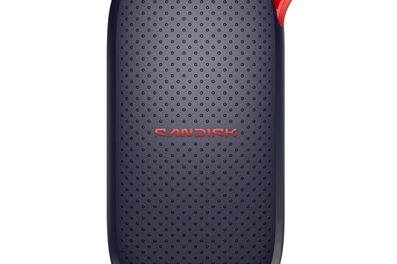 Official SanDisk product render showing the dark portable SSD with dotted front surface and red carrying loop