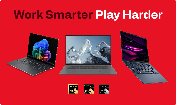Three laptops powered by Snapdragon X2 processors beside Snapdragon X2 Elite and X2 Plus logos