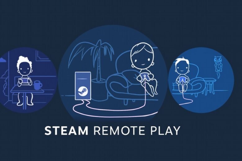 Steam Remote Play illustration showing three players connected to a central Steam device