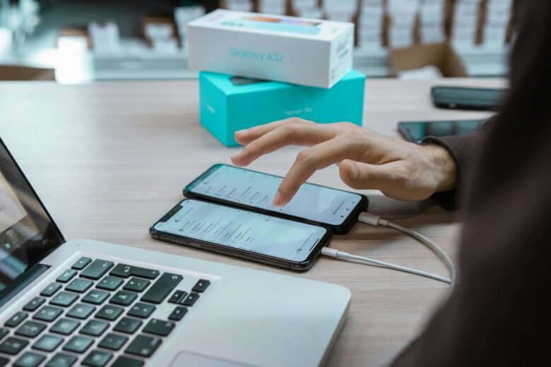 Several used smartphones being checked before resale