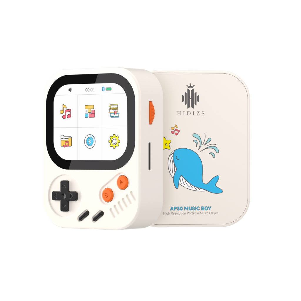 Official rendering of the white Hidizs AP30 Music Boy from the front and rear, including its whale illustration
