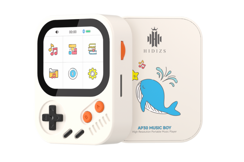 Official rendering of the white Hidizs AP30 Music Boy from the front and rear, including its whale illustration