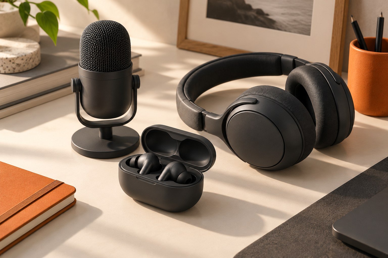 Illustrated headphones, wireless earbuds and microphone on a desk