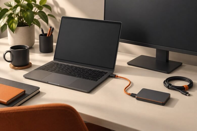 Illustrated laptop, monitor, USB cable and external drive on a desk