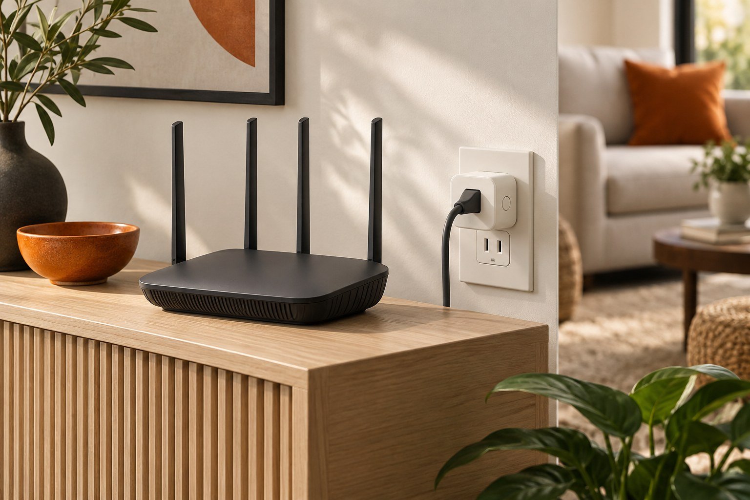 Illustrated Wi-Fi router and smart plug in a living room