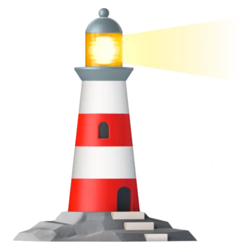 Google Noto three-dimensional lighthouse emoji with red and white stripes and a yellow light beam