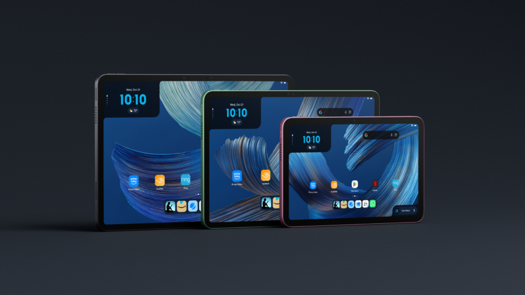 Amazon Alexa Tablet 12 Pro, Alexa Tablet 11 and Alexa Tablet 8 displayed together in graphite, purple, green and pink