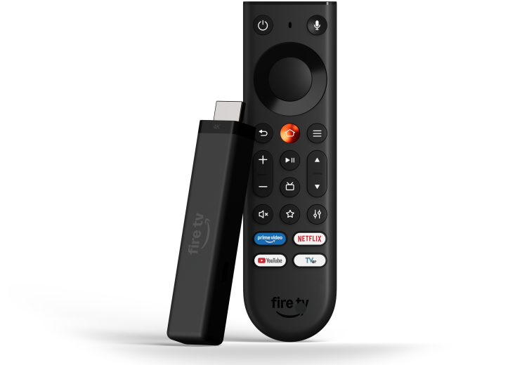 Amazon Fire TV Stick 4K beside the redesigned black Fire TV Remote with an orange Home button