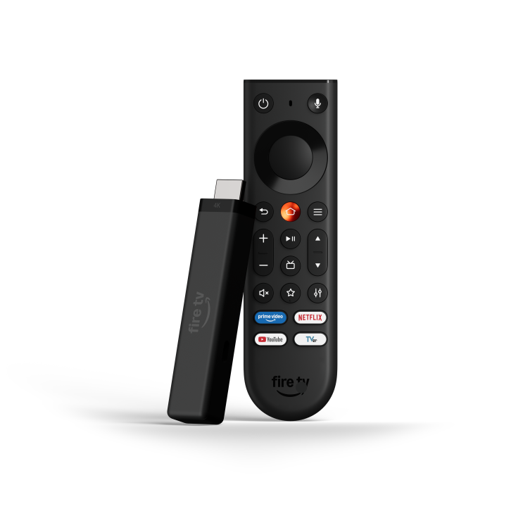 Amazon Fire TV Stick 4K beside the redesigned black Fire TV Remote with an orange Home button