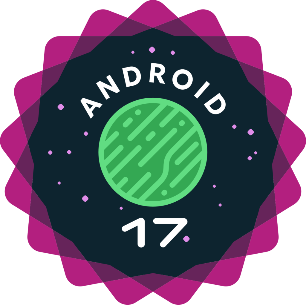 Android 17 developer preview logo with a green Android emblem inside a purple starburst
