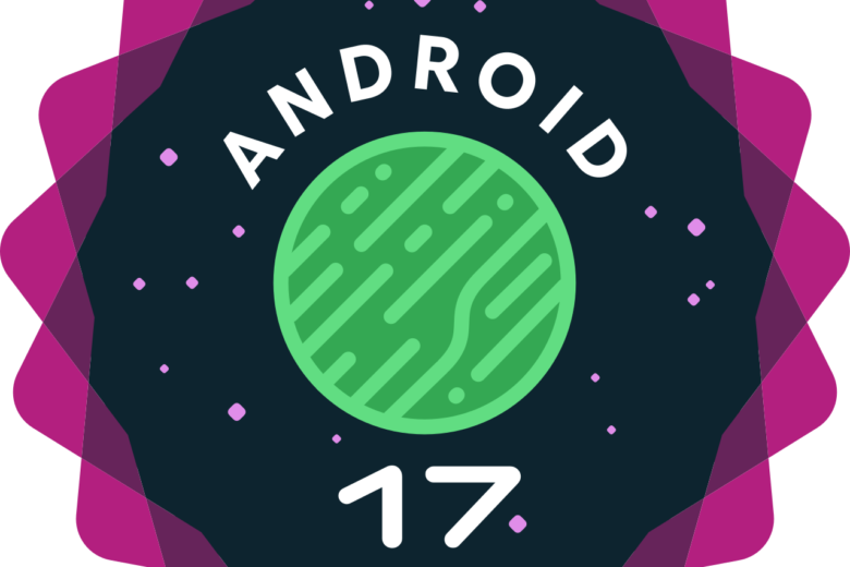 Android 17 developer preview logo with a green Android emblem inside a purple starburst