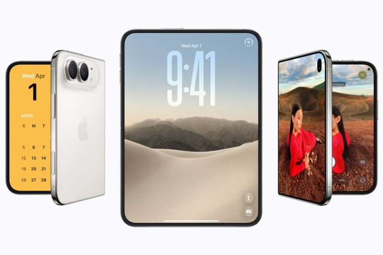 Three Apple iPhone Duo phones, with one unfolded to show the inner display and two folded beside it