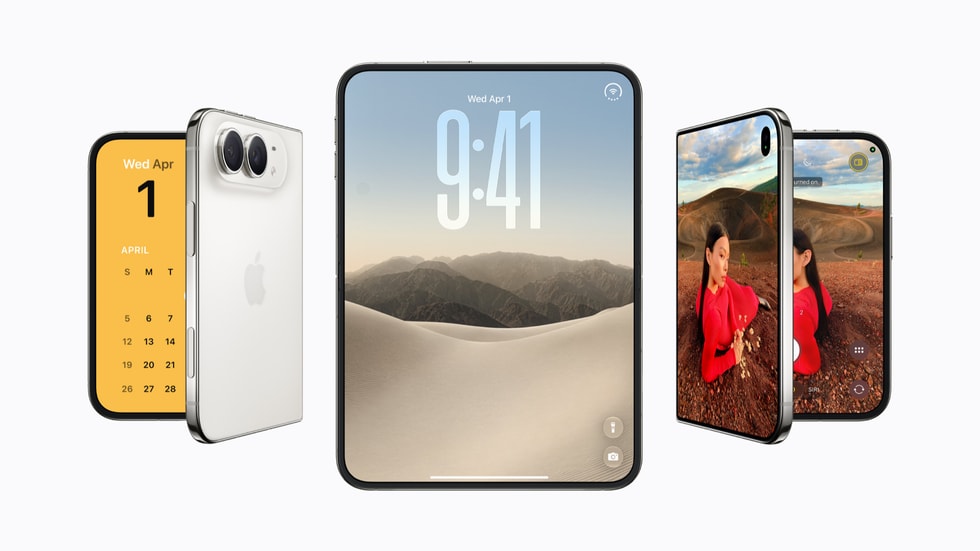 Three Apple iPhone Duo phones, with one unfolded to show the inner display and two folded beside it