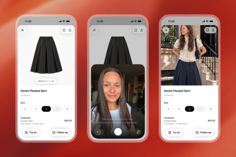 ChatGPT virtual try-on interface showing an uploaded reference photo and AI-generated outfit previews. Image: OpenAI via TechCrunch.