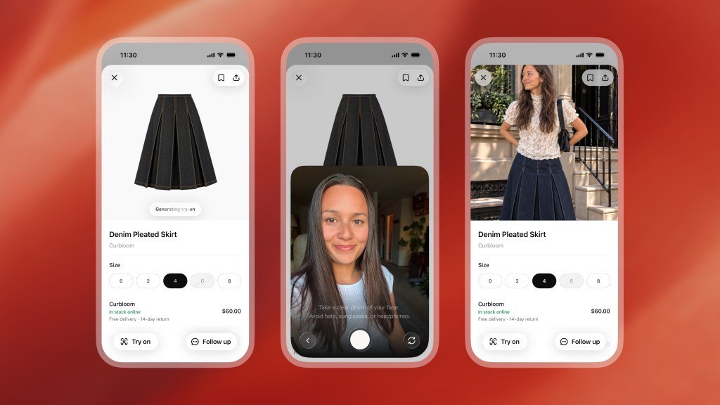 ChatGPT virtual try-on interface showing an uploaded reference photo and AI-generated outfit previews. Image: OpenAI via TechCrunch.
