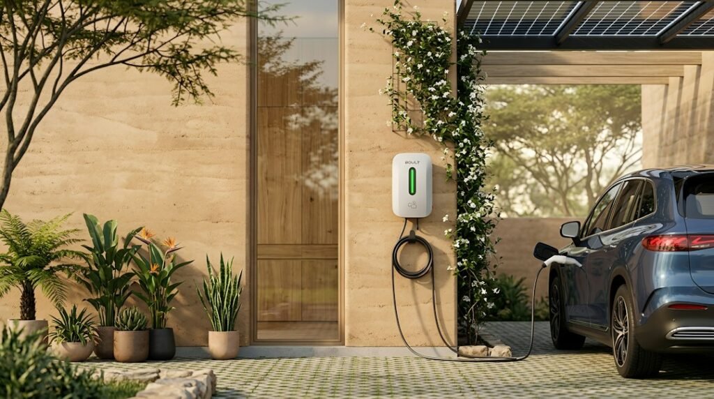 Electric SUV connected to a wall charger beneath rooftop solar panels at a modern home