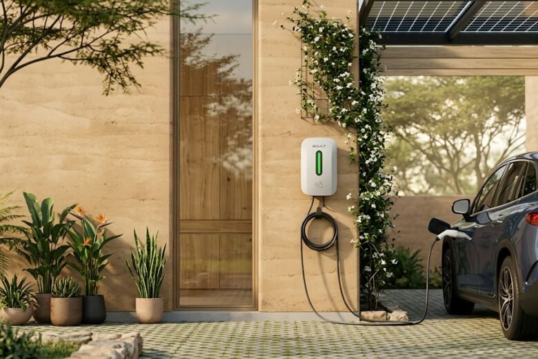 Electric SUV connected to a wall charger beneath rooftop solar panels at a modern home