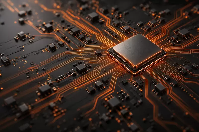 Illustration of a processor package on a dark circuit board with glowing orange traces. Image: GlobalFoundries.