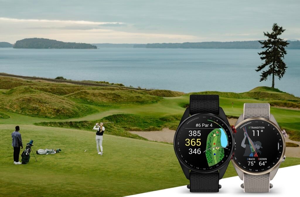 Garmin Approach S72 golf smartwatches in 43mm and 47mm sizes displaying color golf course maps. Official image courtesy of Garmin.