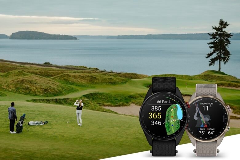 Garmin Approach S72 golf smartwatches in 43mm and 47mm sizes displaying color golf course maps. Official image courtesy of Garmin.