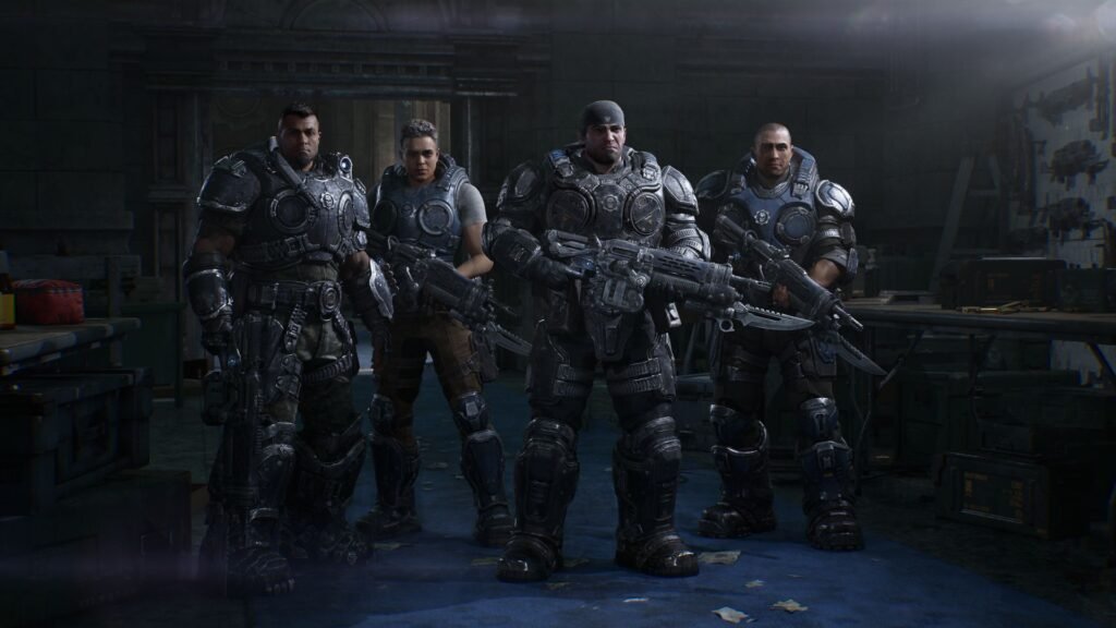 Four armored members of Bravo Squad stand together in Gears of War: E-Day promotional artwork