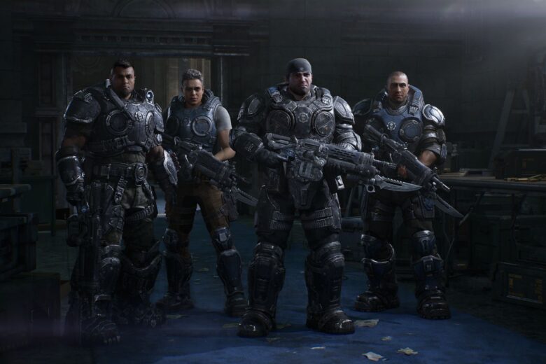 Four armored members of Bravo Squad stand together in Gears of War: E-Day promotional artwork