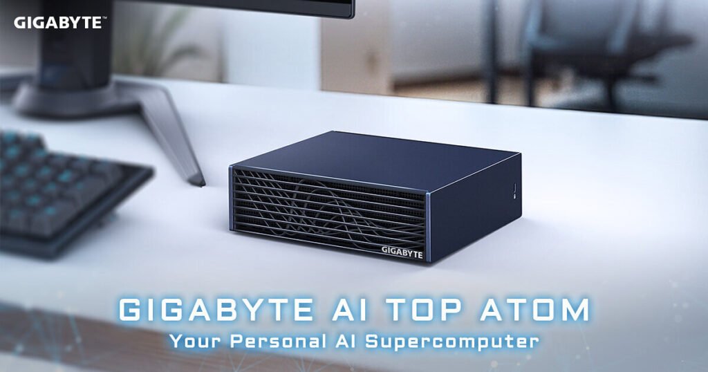Gigabyte AI TOP ATOM compact desktop AI computer on a white desk