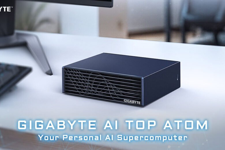 Gigabyte AI TOP ATOM compact desktop AI computer on a white desk