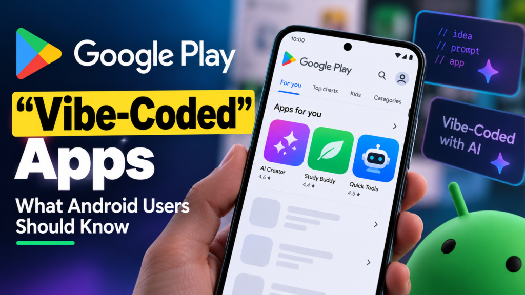Illustration of Google Play and AI-generated vibe-coded Android apps
