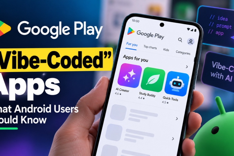 Illustration of Google Play and AI-generated vibe-coded Android apps