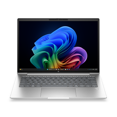 Silver HP ProBook 4 14-inch business laptop shown open with its keyboard and display