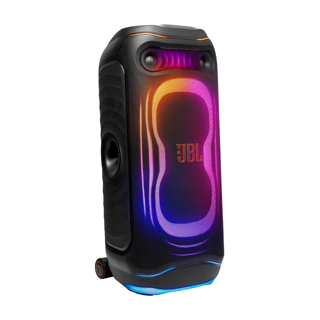 JBL PartyBox Ultimate 2 party speaker with its illuminated front light panel, dual woofers and transport wheels visible. Image: JBL.
