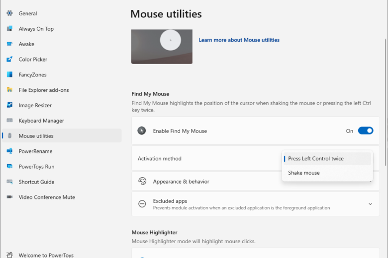 Microsoft PowerToys settings open to the Mouse Utilities page