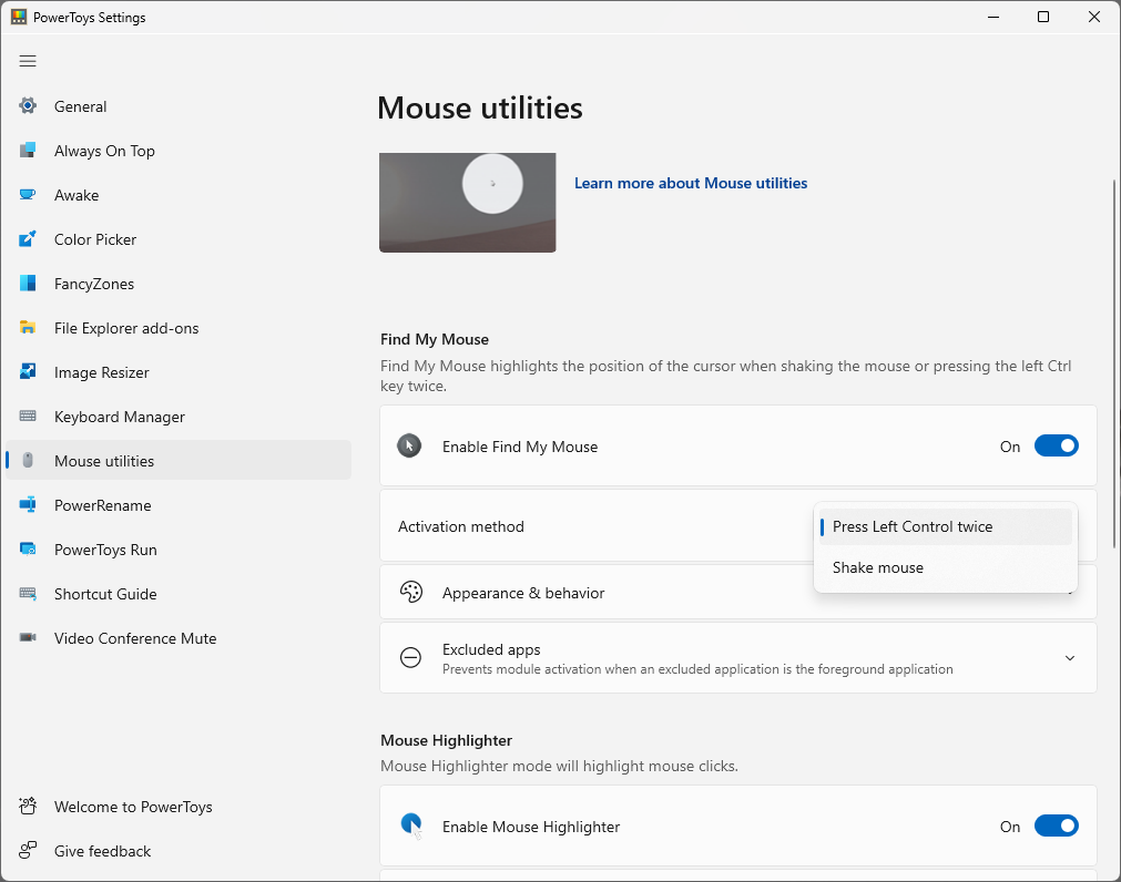 Microsoft PowerToys settings open to the Mouse Utilities page