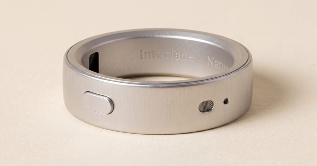 Close-up of the silver Natura Interface smart ring showing its side button and microphone openings