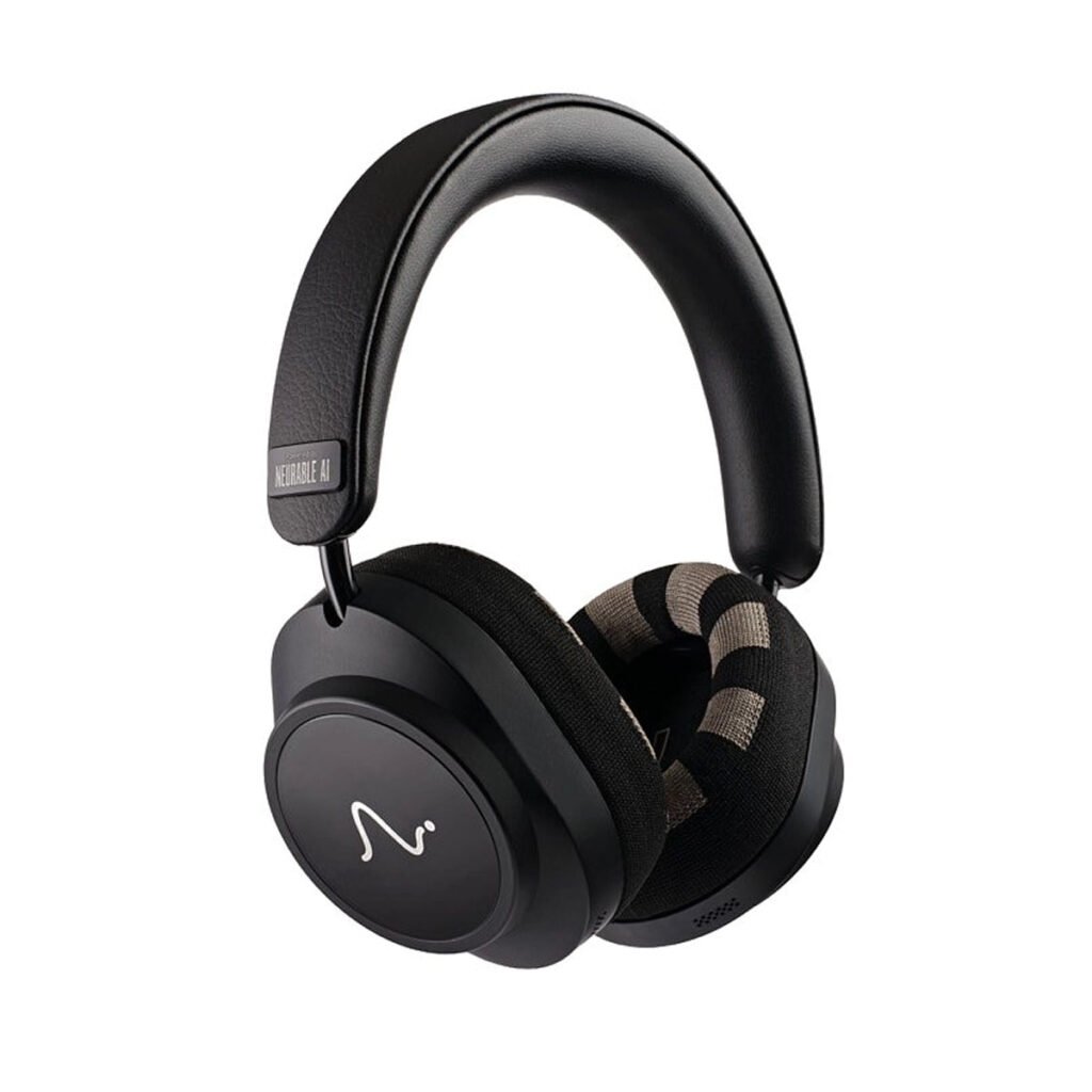 Black Neurable One over-ear headphones with striped EEG sensor fabric visible inside both ear pads. Image: Neurable.