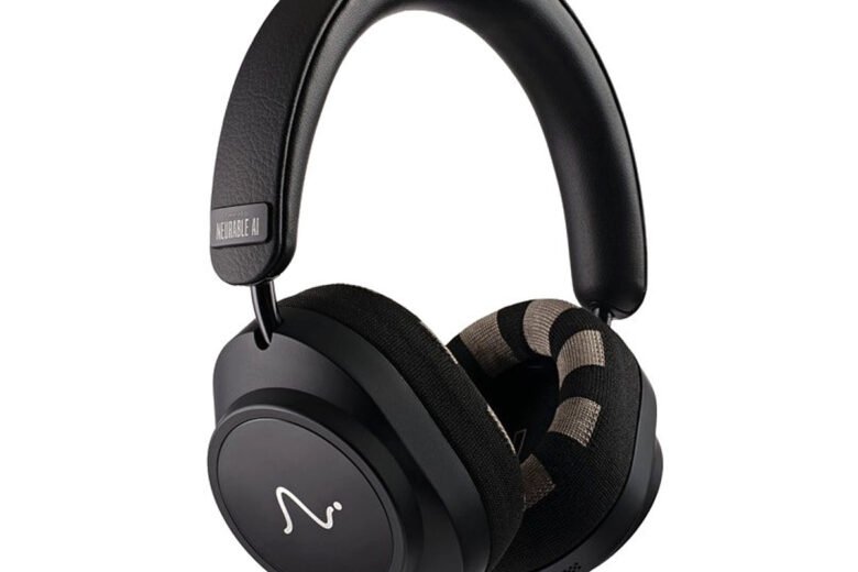 Black Neurable One over-ear headphones with striped EEG sensor fabric visible inside both ear pads. Image: Neurable.