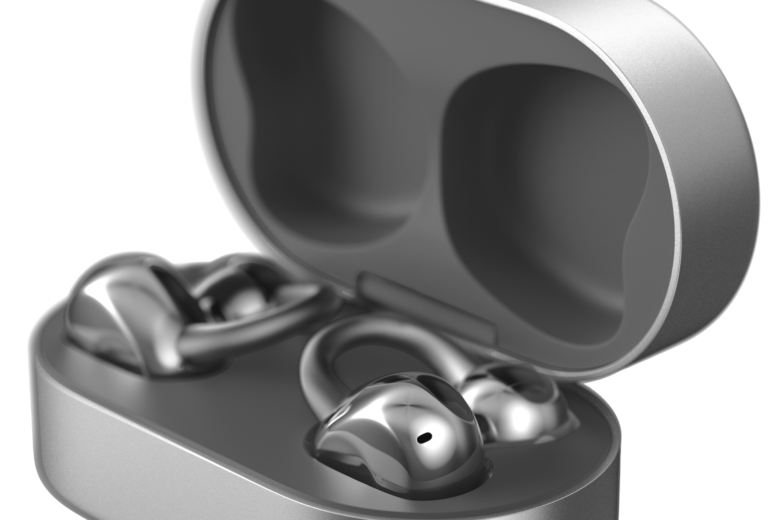 Noise Master Buds Open clip-on earbuds in Mercury finish inside their open charging case