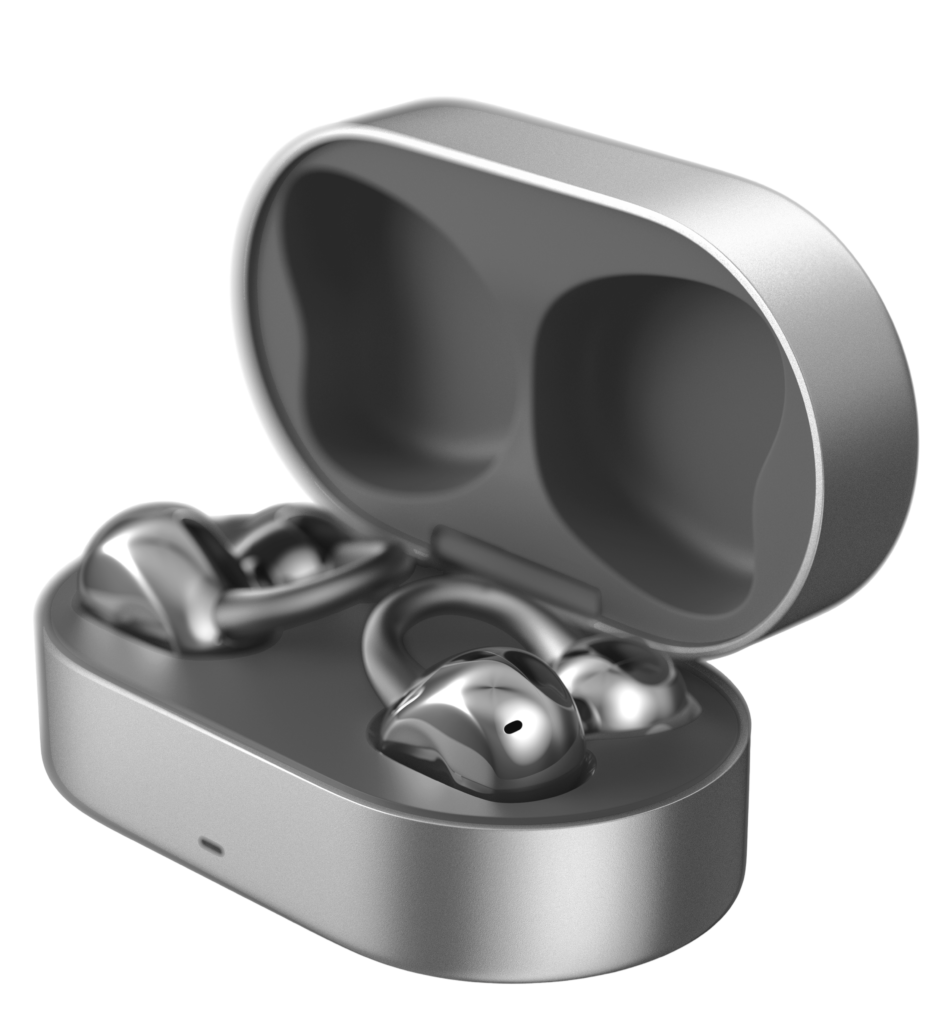 Noise Master Buds Open clip-on earbuds in Mercury finish inside their open charging case