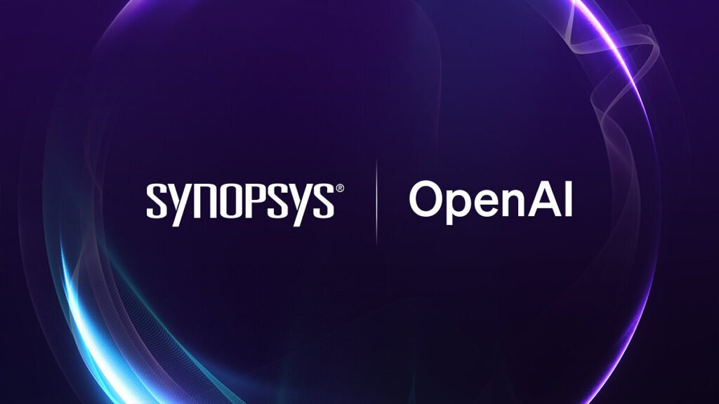 OpenAI logo beside the Synopsys logo on a dark blue background