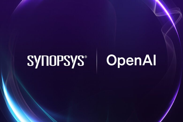 OpenAI logo beside the Synopsys logo on a dark blue background