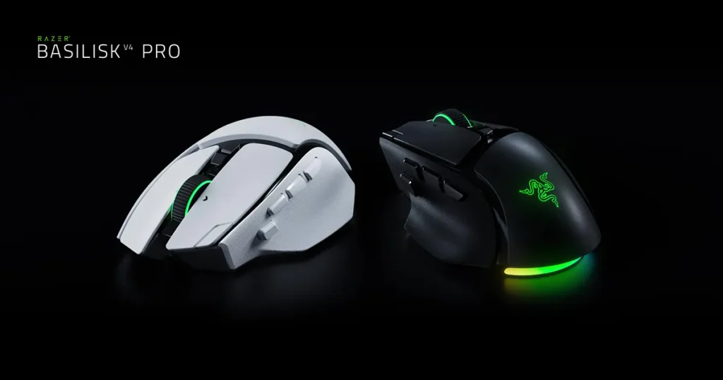 Black and white Razer Basilisk V4 Pro wireless gaming mice with green RGB lighting