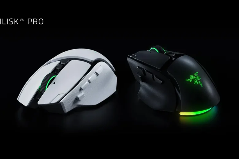 Black and white Razer Basilisk V4 Pro wireless gaming mice with green RGB lighting