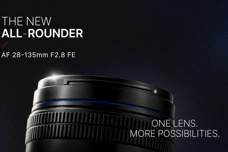 Close-up teaser of the Samyang AF 28-135mm F2.8 FE lens against a black background