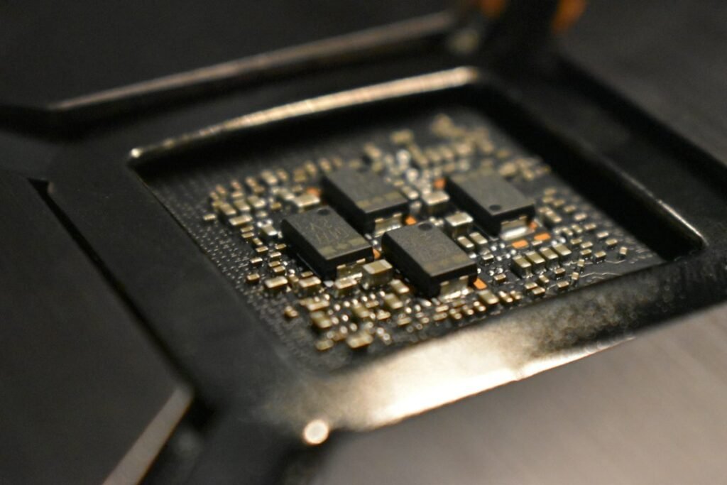 Close-up view of a semiconductor processor mounted on a circuit board